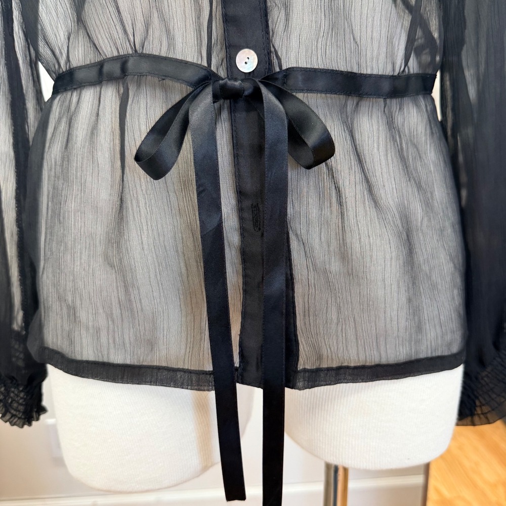 ROMY Romantic Sheer Chiffon Blouse Womens Small Black Sexy Ruffle Ribbon Tie - Picture 5 of 13